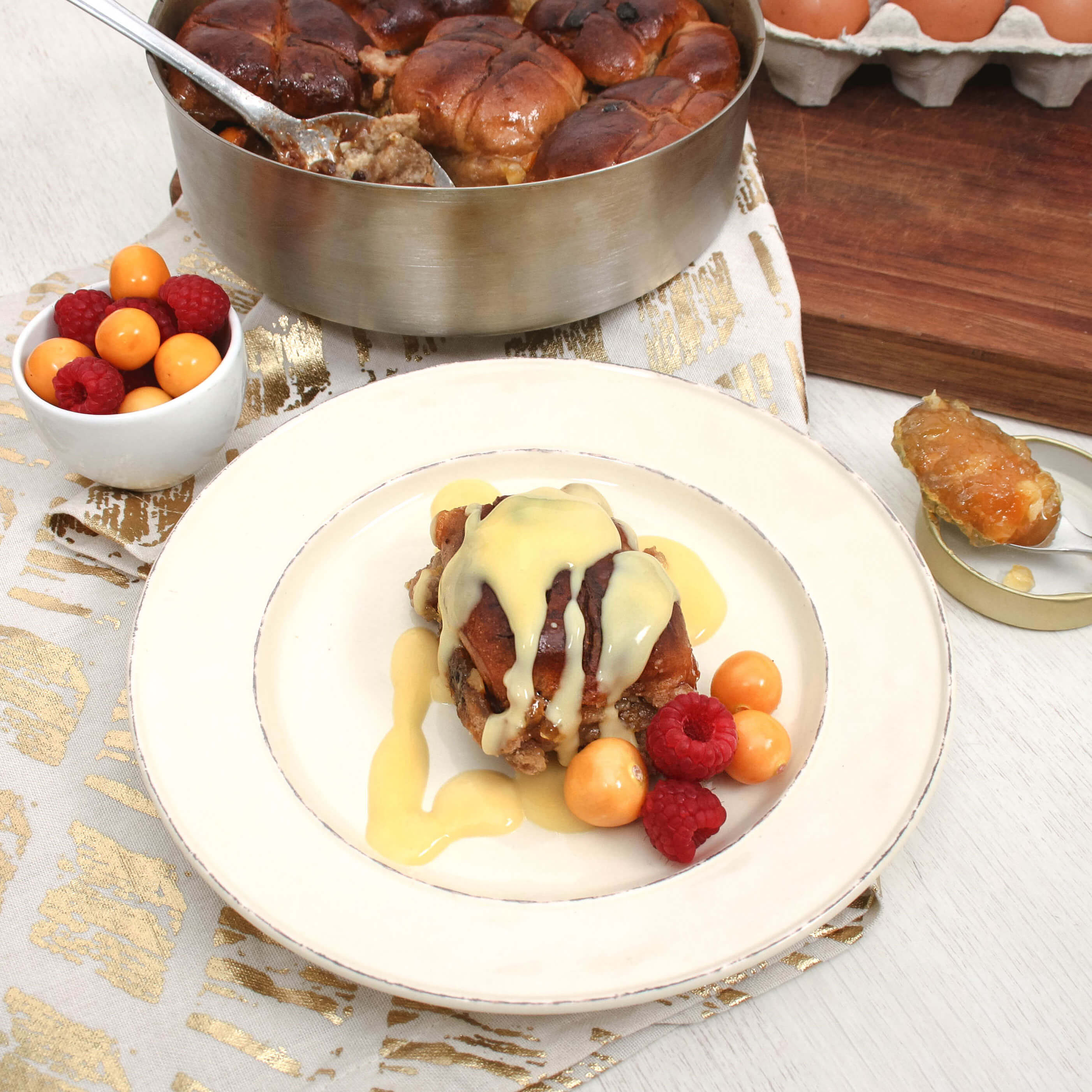 Hot cross bun bread and butter pudding in an AMC 20 cm Baking Tin